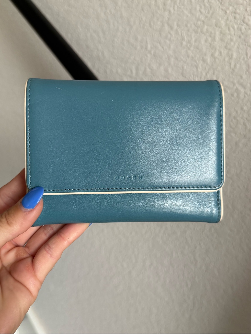 Coach Polished Calfskin Leather Envelope Wallet Teal Blue W/ Cream Piping New